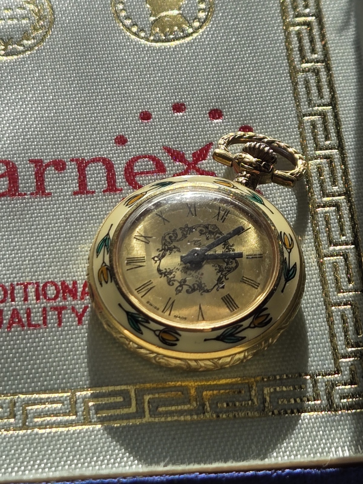 Arnex Pendant Watch Gold and Enamel Victorian Design Swiss Made 17 Jewels Works