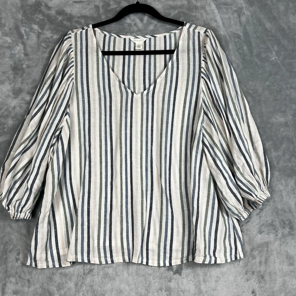 Tops Caslon para mujer grandes de mezcla de lino. Blusa pulóver a rayas manga abullonada Foto 2 de 4