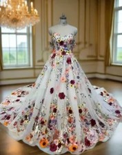 Embroidered Floral Wedding Dress with Lace Appliques Long Strapless Tie