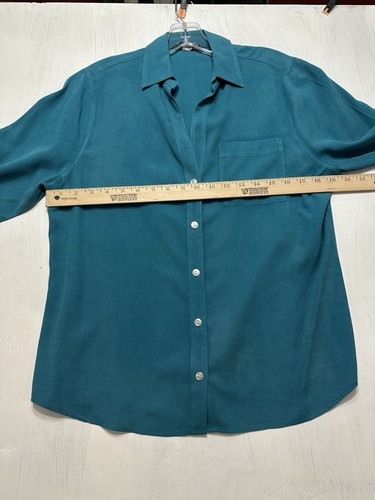 Investments Petites PM Teal 100% Silk Button-Up Shirt Long Sleeve Blouse - Picture 3 of 8
