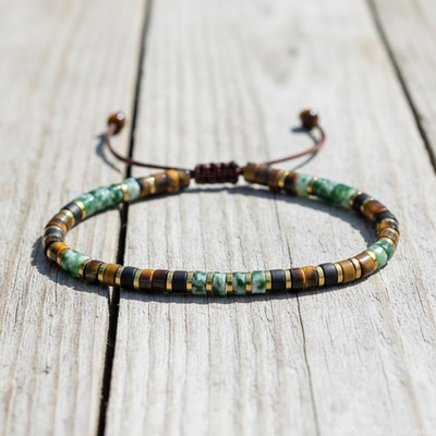 Tiger Eye & Green Spot Jasper Beaded Bracelet Natural Stone Women Men Bracelet