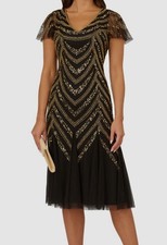 Adrianna Papell Women's Black V-Neck Beaded Sequin Mesh Midi Dress Size 6