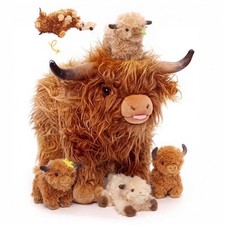 Highland Cow Stuffed Animal   14.5" Large Realistic Fluffy Cow Plush Toy with...