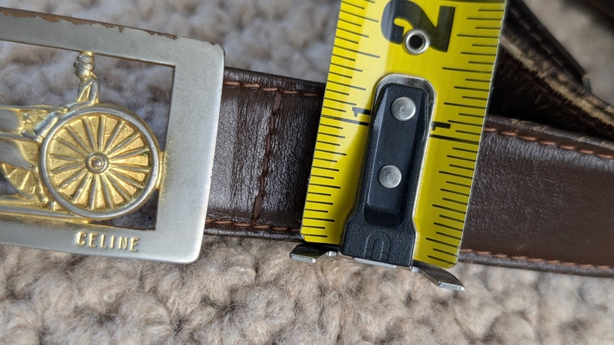 Vintage CELINE Belt 85 Gold Buckle Logo Brown Leather Horse
