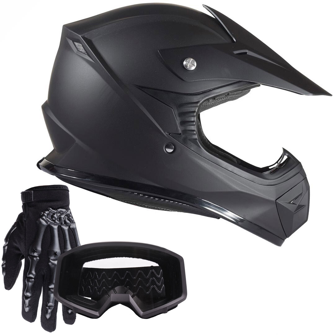Kids Motocross Matte Black Helmet Youth Combo Goggle Gloves 