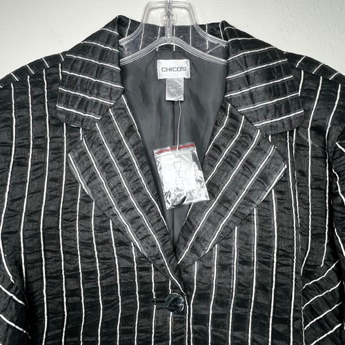 Chico's Linen Blend Blazer Jacket Women's 3 / XL Black White Striped Crinkle - Picture 4 of 16