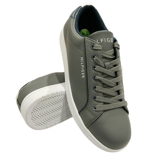 NUEVO CON ETIQUETAS ZAPATILLAS TOMMY HILFIGER PARA HOMBRE GRIS CUERO CON CORDONES ZAPATOS TALLA 10