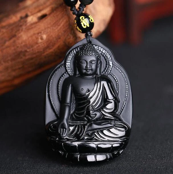 Natural Black Obsidian Pendant Chinese Amulet Medical Buddha Lucky
