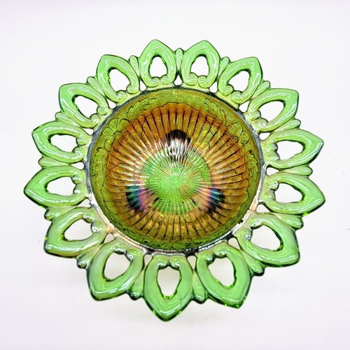 Antique Northwood Green Carnival Glass Reticulated Bowl Wild Rose Pattern Boho - Picture 3 of 11