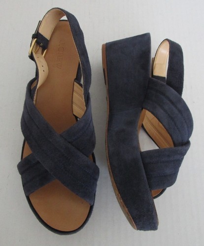 J CREW Marcie Blue Suede Wedge Platform Sandals Shoes Women Size 9.5 Criss Cross
