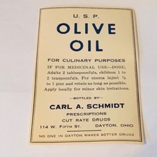 Pharmacy label ephemera paper WW1 drugstore Carl Schmidt Dayton Ohio olive oil 2