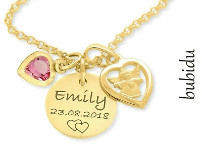 GALWANI Kette zur Taufe vergoldet Namen Schmuck Herz Engel Anhänger Kinderschmuck gold