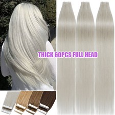 12"-24" Tape in Remy Human Hair Extensions Thick 60PCS Full Head Straight Hair Q