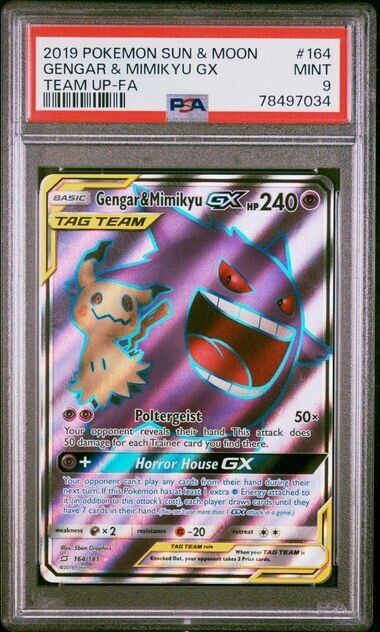 PSA 9 MINT Pokemon Sun & Moon Team Up Gengar & Mimikyu GX Full Art #164/181 PSA 9 MINT Pokemon Sun & Moon Team Up Gengar & Mimikyu GX Full Art #164/181