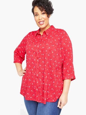 CATHERINES-USA Oberteil feine Baumwolle rot Sterne Print Knopfleiste Übergrößen UK 16 - 38
