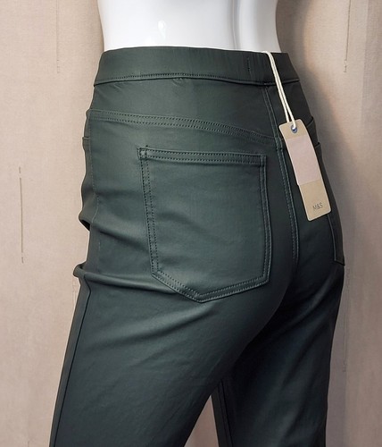 M&S High Rise PULL-ON Coated Leather Look JEGGINGS ~ Size 12 Regular ~ KHAKI - Picture 3 of 5