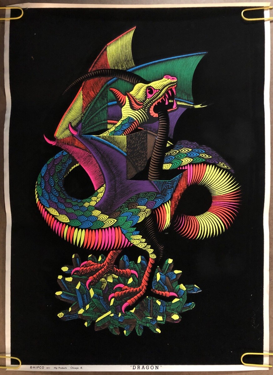 Original Vintage Black light Poster Dragon Bird Velvet Psychedelic