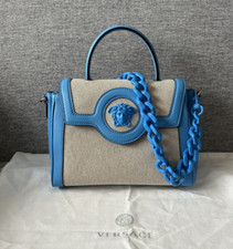 Versace $2525 La Medusa Handbag in Blue Leather & Canvas, Missing Strap ! New.!