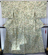 Japanese Vintage Kimono Silk Green Tumugi Traditional Authentic Length 61 in