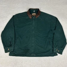 VTG Woolrich Jacket Mens XL Green Canvas Leather Collar Field Barn Chore USA