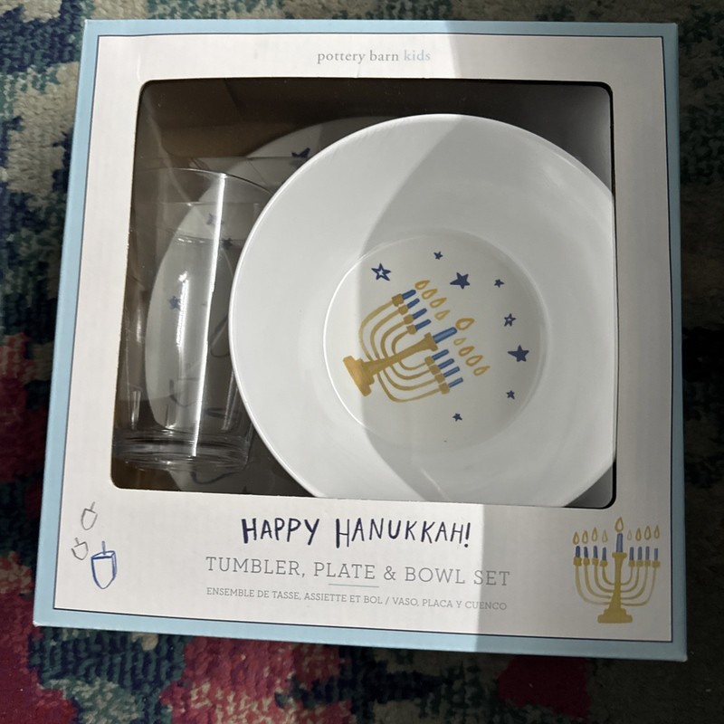Pottery Barn Kids White Happy Hanukkah Tabletop Tumbler Plate Bowl Set #6652