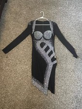 Women's Black Geometric Print Long Sleeve Ballroom Dance Dress Asymmetrical Hem
