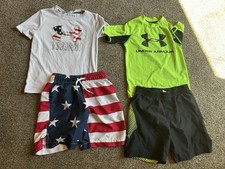 Under Armour Boys 5/6 Clothing Lot Shirts  Swim Trunks USA Stars  Stripes