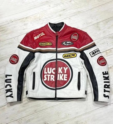 Handmade Vintage Lucky Strike Racing Leather Jacket, Retro Racer Biker Jacket