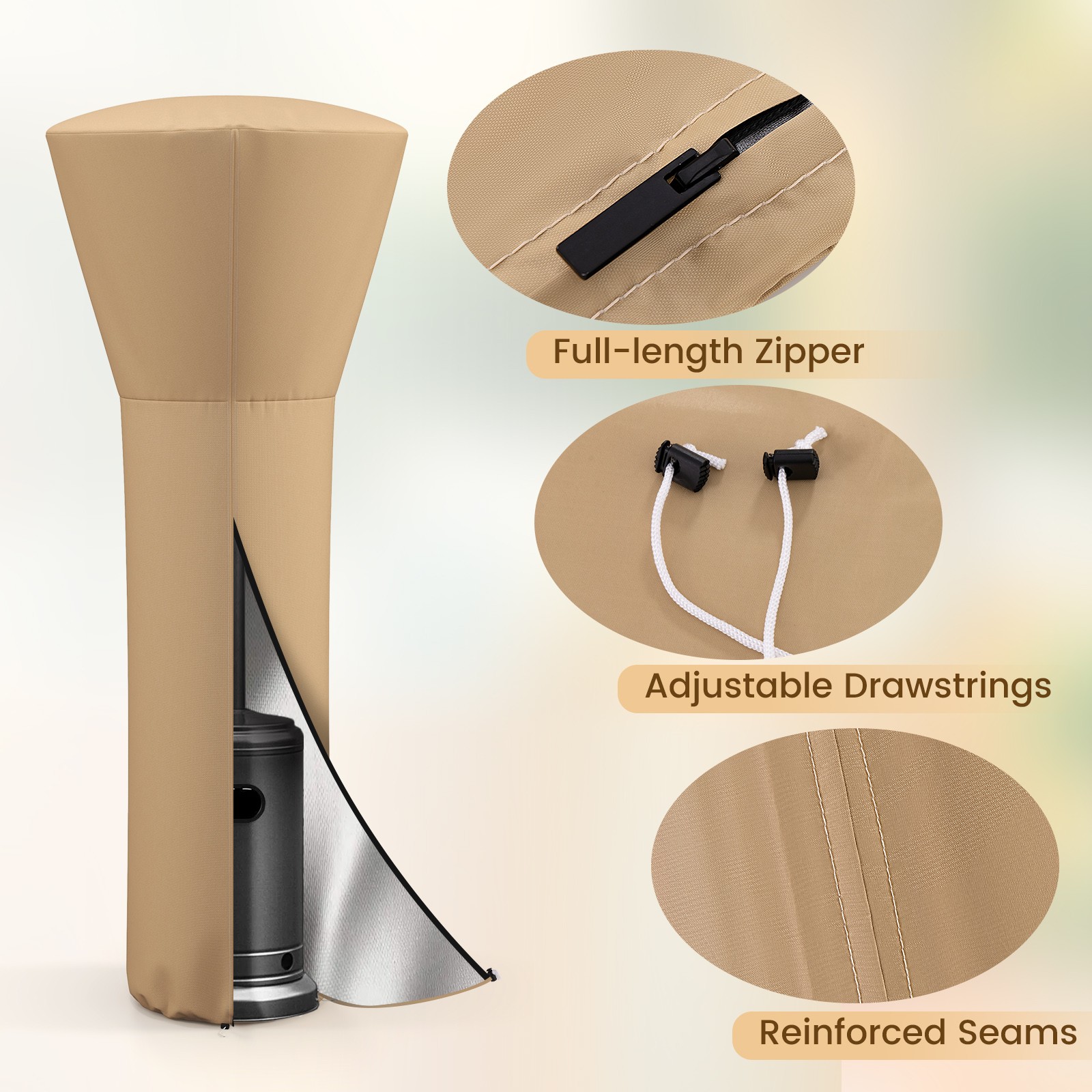 Patio Standing Propane Heater Cover Waterproof with Zipper & Bag Beige