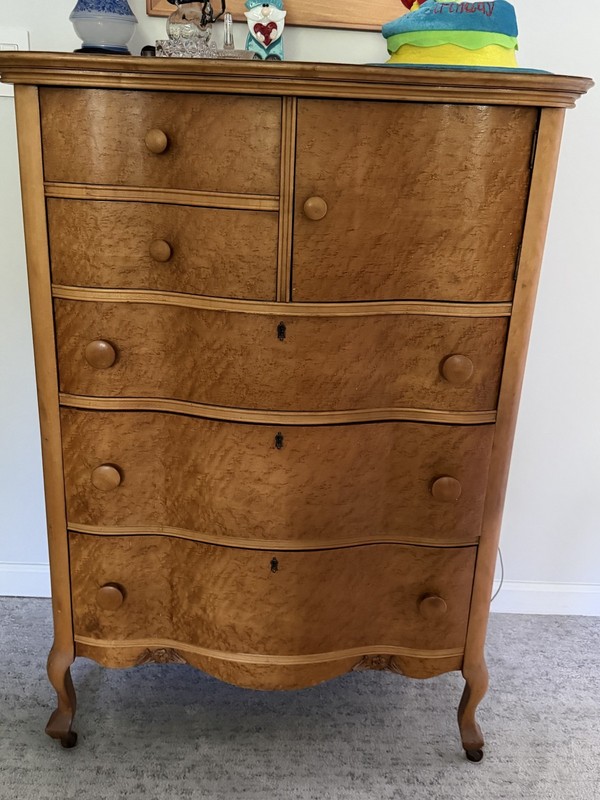 Birdseye Maple Antique Bedroom Tall Dresser or Chest circa 1910