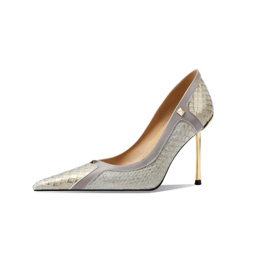 Handmade Leather Stiletto Heels Fashion Snake Skin Pointed Toe Pumps