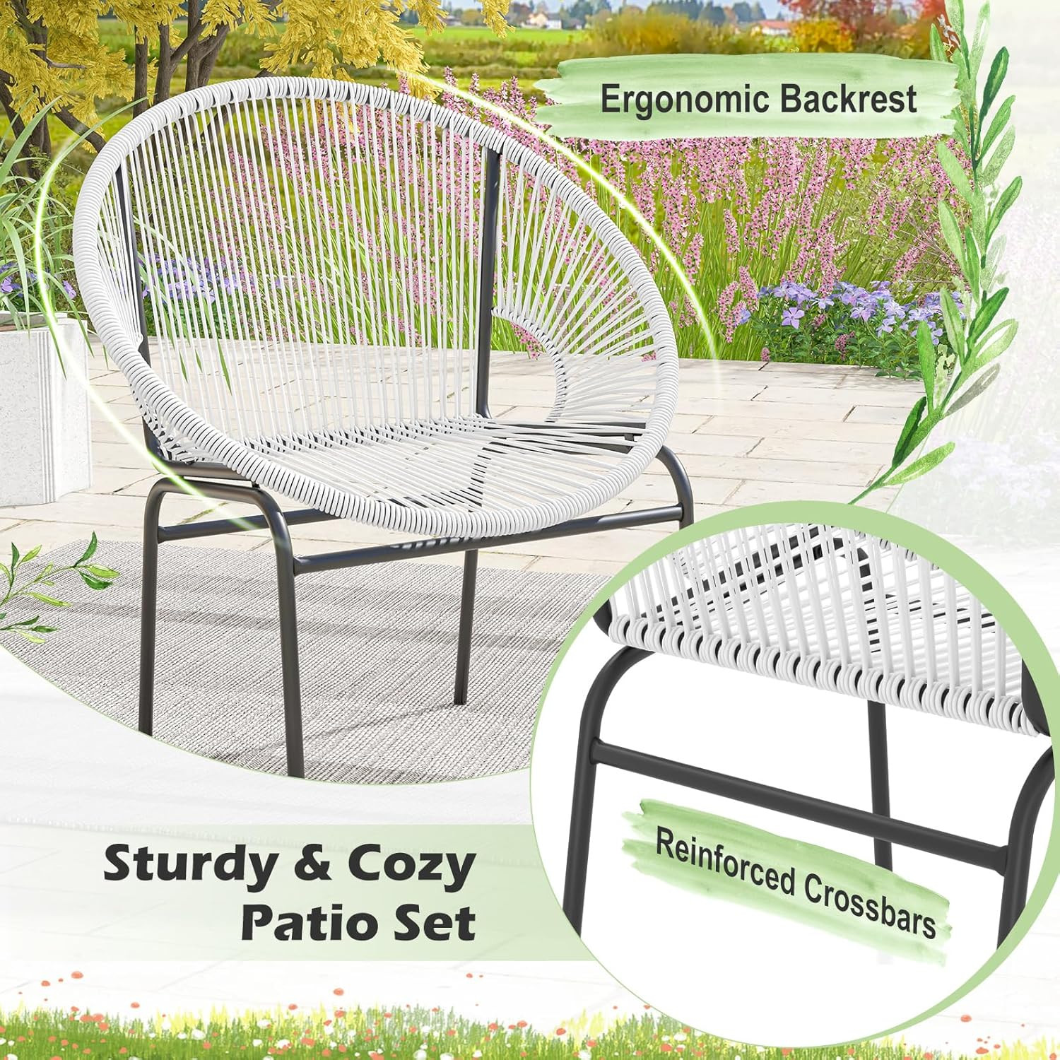 3-Piece Outdoor Acapulco Chair Set, Wicker Conversation Bistro Sets with Plastic