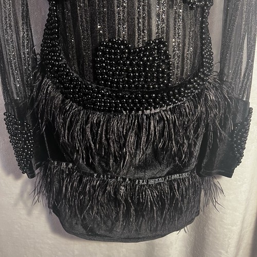 akira Women’s Med. Black Beaded Mini Dress Feathers, Sheer, Glitter Formal Party - Picture 5 of 18