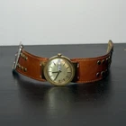 Vintage 1970 Timex Men's Wristwatch Gold Dial Brown Leather Bund Strap Day/Date