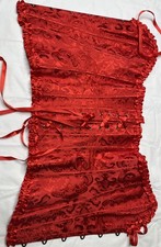 red brocade corset top featuring a decorative paisley pattern, ruffled edges, S