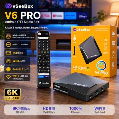 vSeeBox V6 Pro Android 14 8K TV Box With Backlit Bluetooth Voice Remote WiFi6