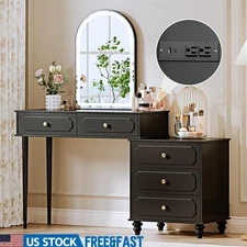Black Vanity Desk with Mirror and Lights Makeup Vanity with Power Outlet Cabinet