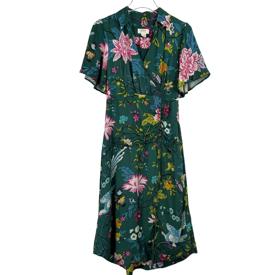 Maeve Anthropologie Green Floral Bird Button Ruched Midi Dress WOMEN 6 PETITE - Image 2 of 4