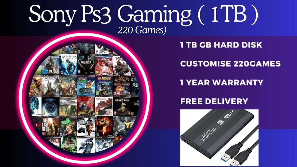 Disco duro externo de 1 TB con 220 juegos para juegos Sony PS3 Slim PlayStation 3 Foto 3 de 4