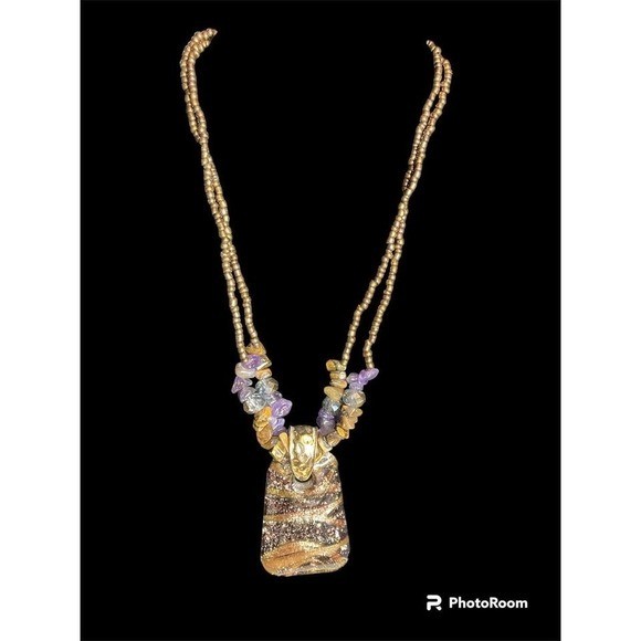 Boho Statement Pendant Necklace Multicolored Bead… - image 2