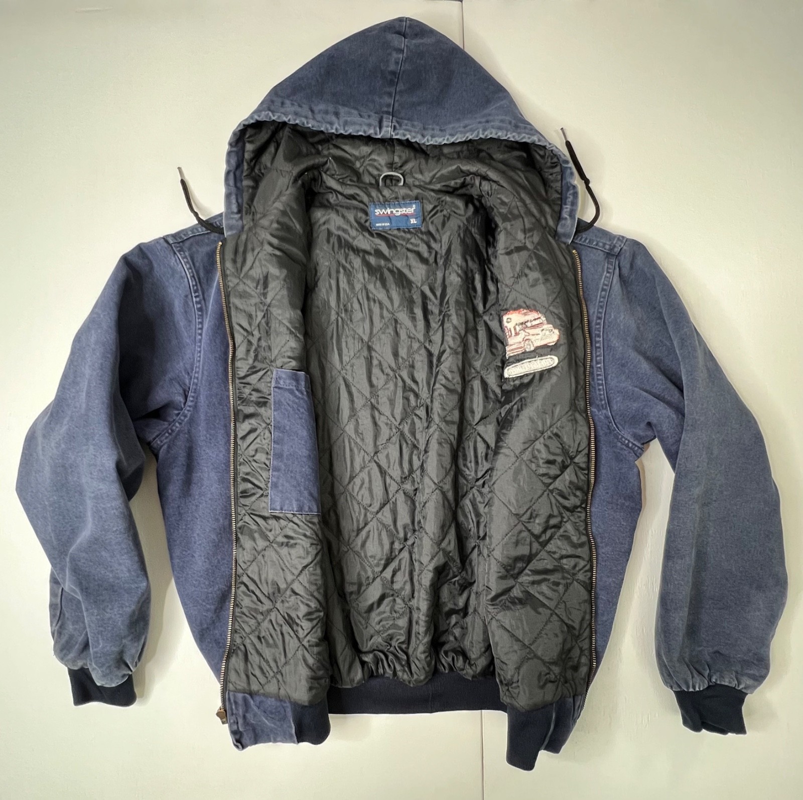 Swingster Vintage Freightliner Jacket Blue Denim Hooded USA Workwear Men's XL
