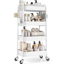 TOOLF 4 Tier Rolling Cart with Pegboard, Metal Storage 4-Tier, White