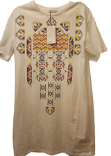 BOHO ZARA TRAFALUC Tribal T-Shirt Shift Dress White Printed Faux Cross Stich
