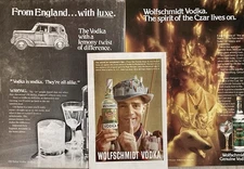 Vintage Vodka print ads x 3 WolfSchmidt,  Old Bailey's 1958, 1970s