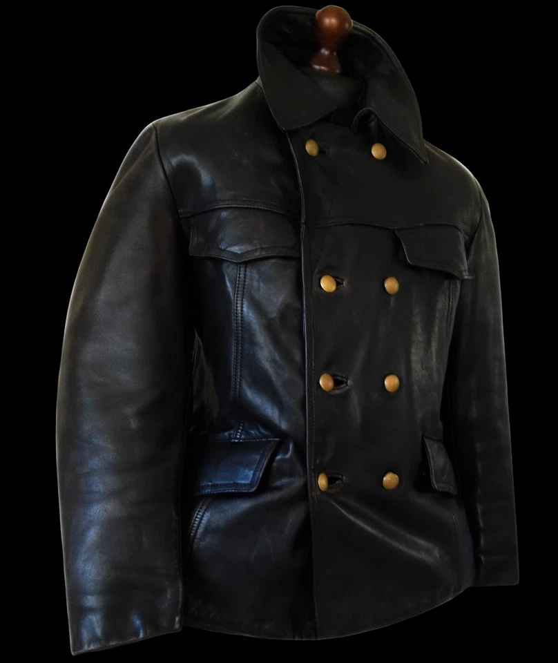 40s WW2 GERMAN LUFTWAFFE Leather POLICE PATROL OFFICERS Trench WW1 Coat Jacket L - Image 2 of 4