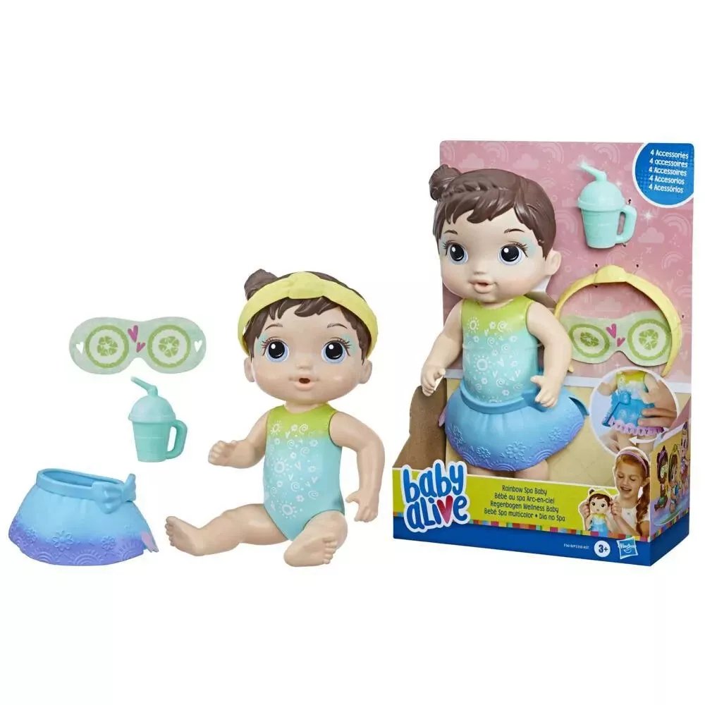 Baby Alive Rainbow Spa Baby Brown Hair Blue Eyes Accessories Mask