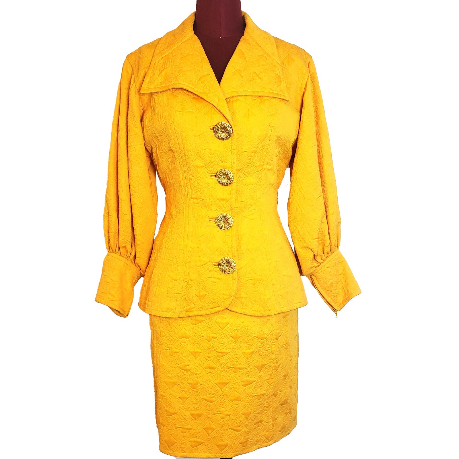Vintage Christian Lacroix 90s Skirt Suit Yellow Matelasse Cotton FR 38 Small