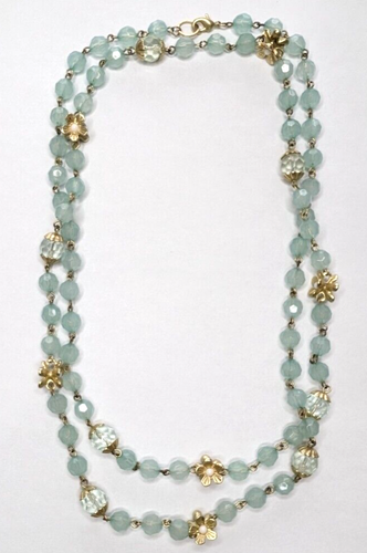 Faux Chalcedony/Aquamarine Acrylic Gold Tone Flowers Beaded Necklace 40"