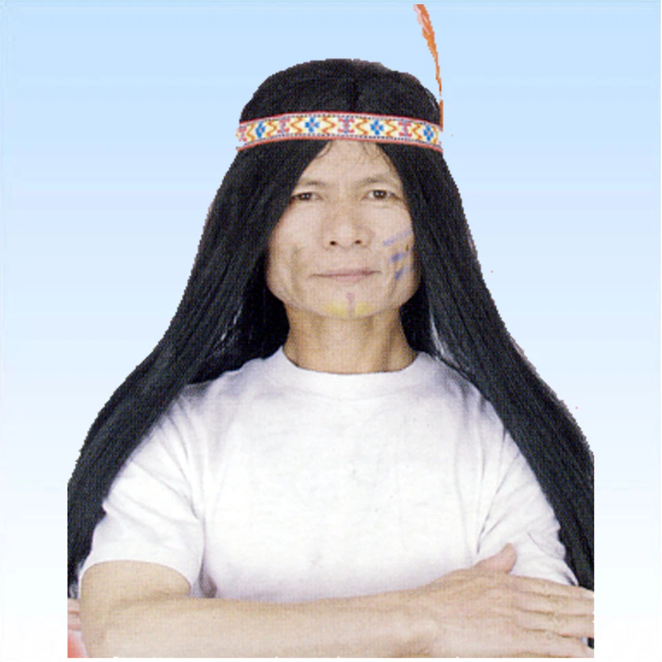 Perücke Squaw mit Stirnband + Feder Indianerperücke lang schwarz Langhaarperücke - Bild 1 von 1