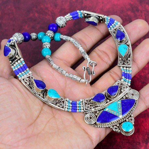 Turquoise, Lapis Lazuli Gemstone 925 Sterling Silver Jewelry AAA+Nepali Necklace - Picture 6 of 6